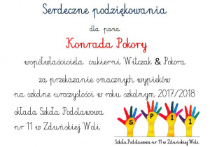 Serdeczne podziękowania dla Pana Konrada Pokory, współwłaściciela cukierni Witczak & Pokora za przekazanie smacznych wypieków na uroczystości szkolne w roku szkolnym 2017/2018